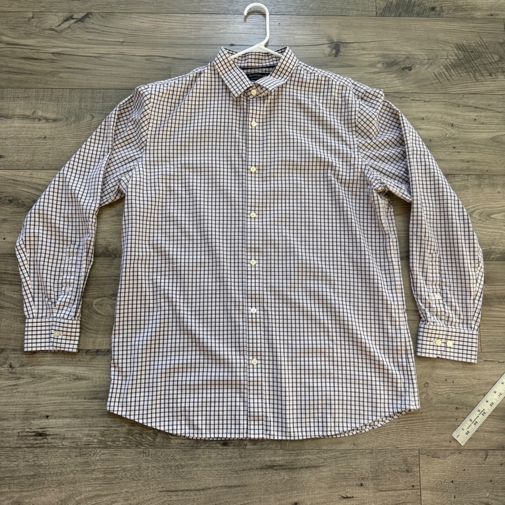 Banana Republic Mens XL Non-Iron Standard Fit Shirt Navy Orange Check L/S